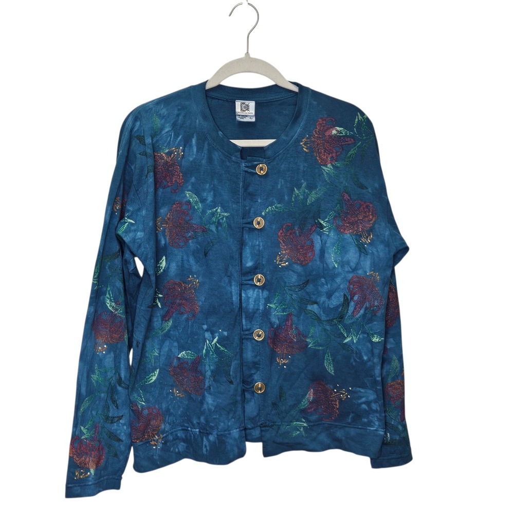 Daydream Batik Floral Button Down Top L Blue Red Green Cotton Casual Art To Wear